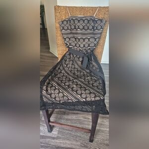 LOFT Black and Tan Lace Midi Dress